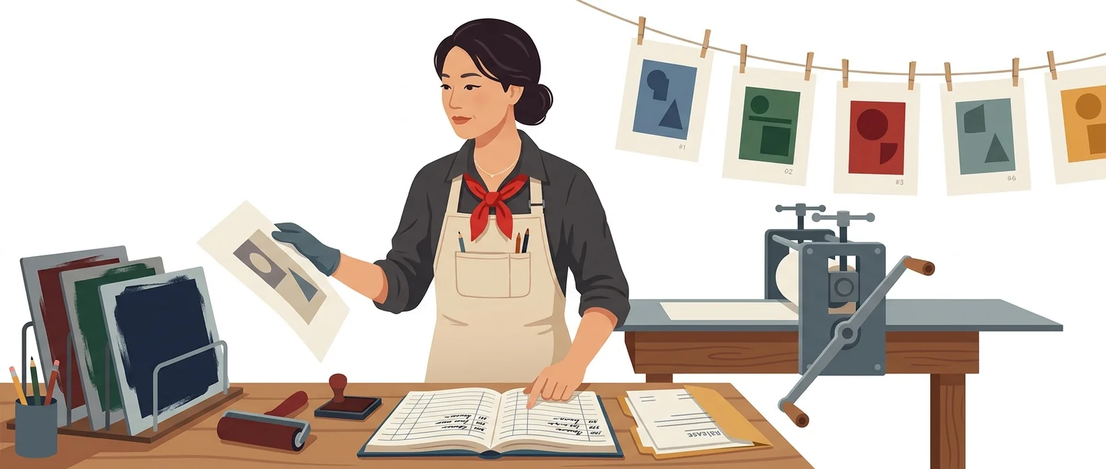 갓 찍어낸 판화를 들고 출처를 적은 대장과 맞춰 보는 40대 판화가 — 어디서 왔는지 증명되는 그림만 내놓는다