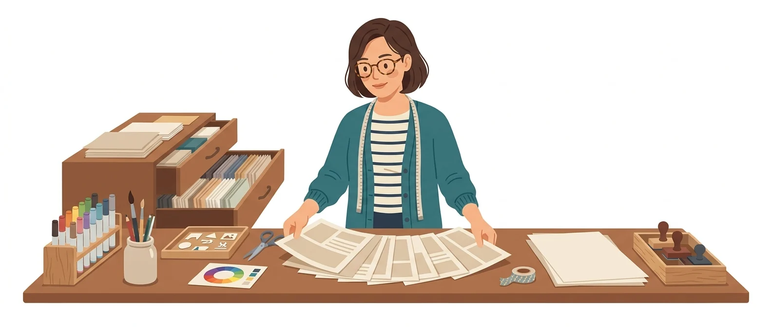 온갖 서식과 재료를 펼쳐 놓고 그중 한 장을 골라 드는 30대 여성 사내 홍보 디자이너.