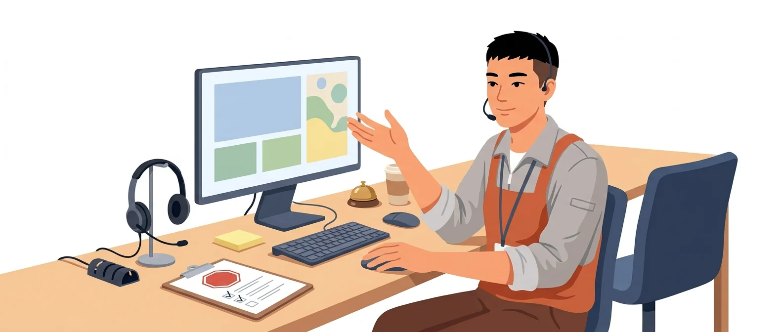 헤드셋을 쓴 20대 상담원이 손님 화면을 대신 조작하다가 손바닥을 들어 다음 클릭을 물어보는 모습