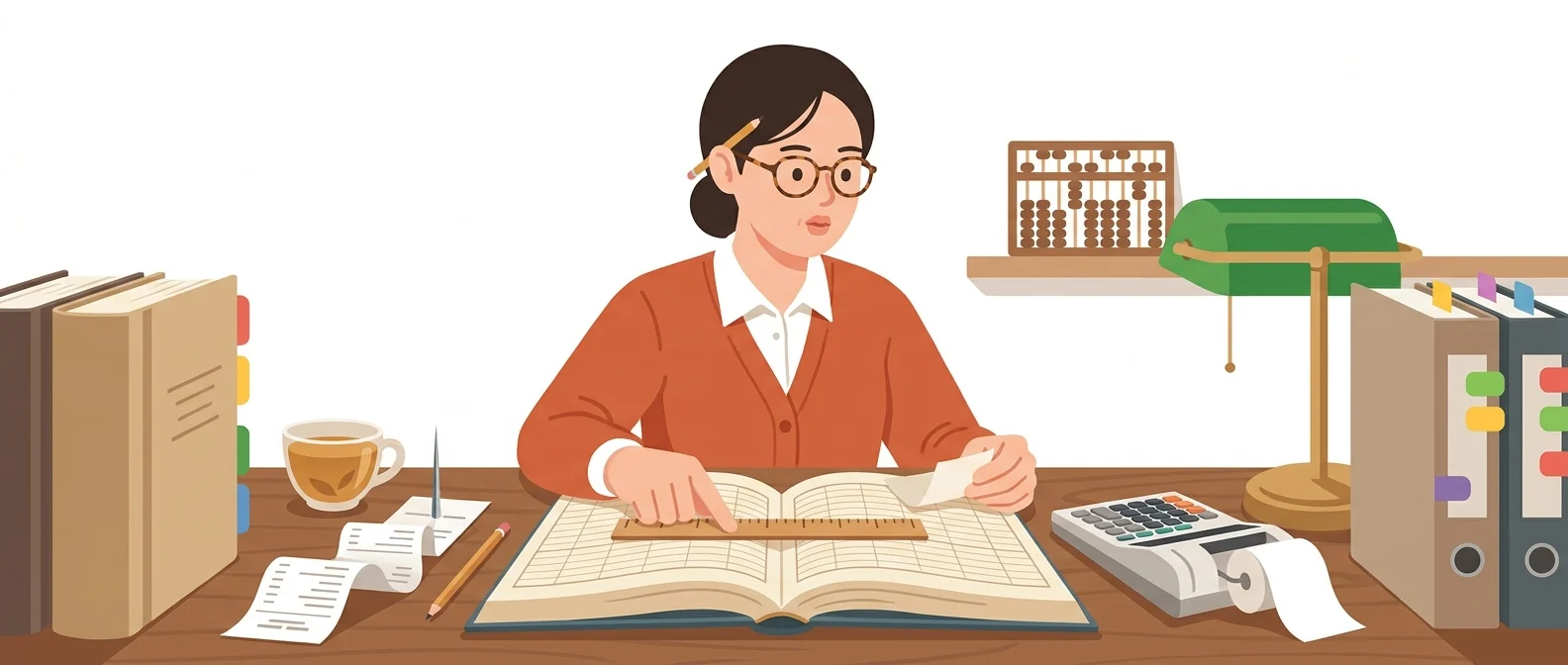 테라코타 카디건을 입은 30대 경리 담당자가 장부의 한 행과 열이 만나는 자리를 자로 정확히 짚어 보이는 모습