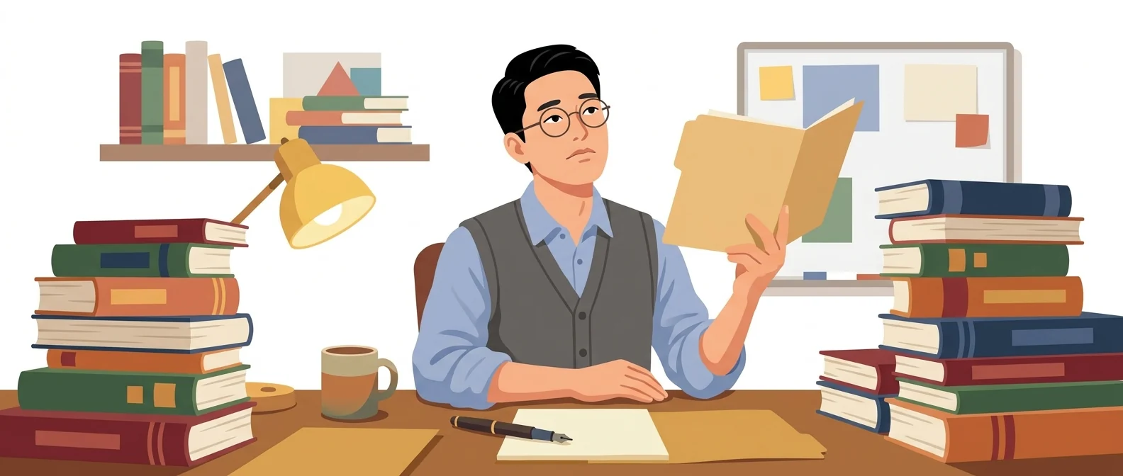 책과 서류를 앞에 두고 자료를 다 읽은 뒤 답하려는 참모 캐릭터