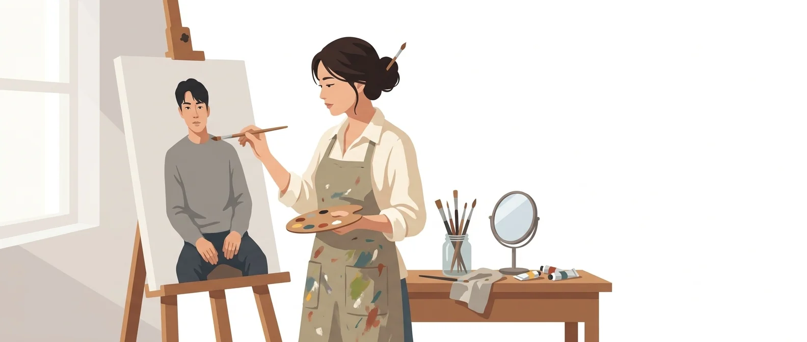 자기 손을 들어 보며 인물화의 손가락을 다듬는 30대 초상화가 — 얼굴과 손끝까지 들여다보는 사람