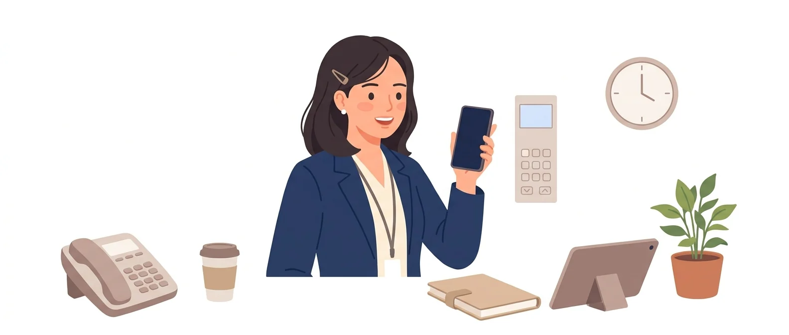 통화를 하며 걷는 20대 비서, 손에 든 수첩에 회의록이 저절로 적혀 내려가고 휴대폰이 받아쓰기를 대신하는 모습
