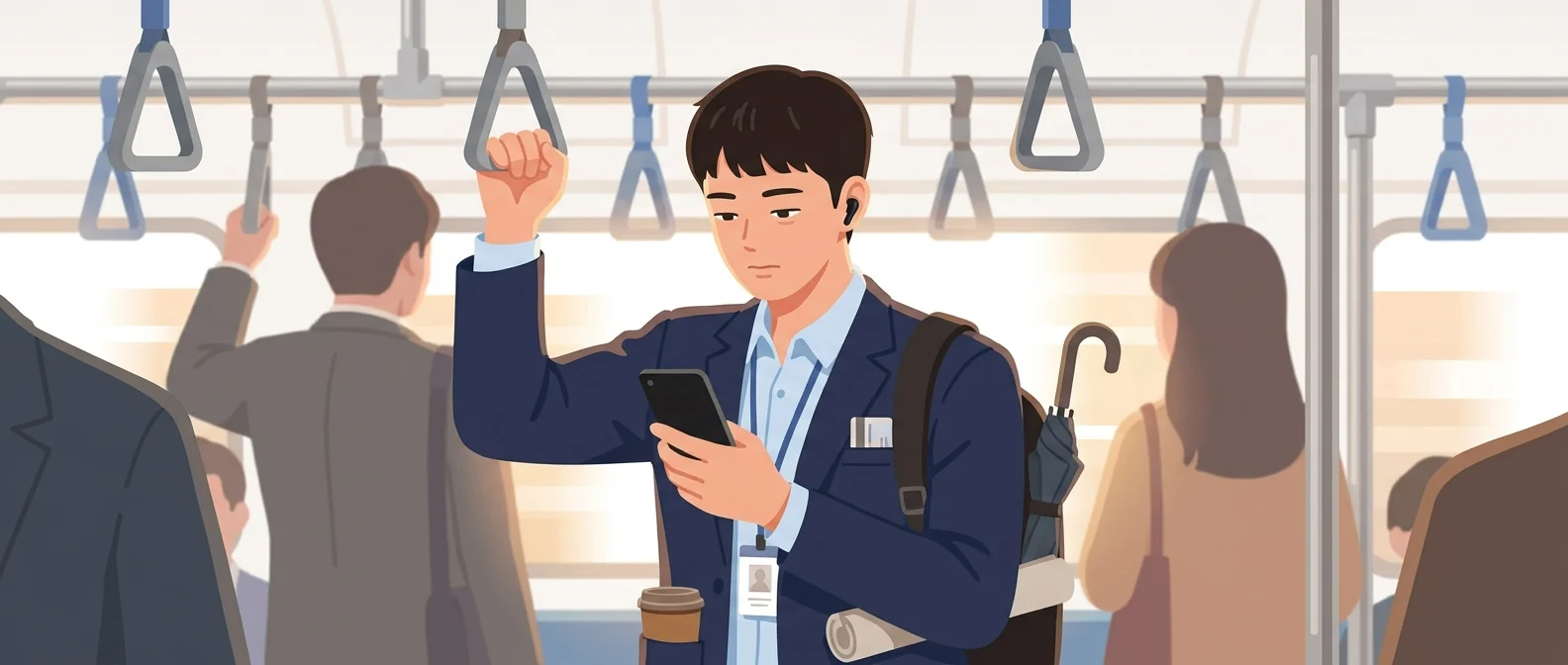 출근길 지하철에서 손잡이를 잡고 스마트폰으로 첫 약속을 확인하는 20대 남성 신입 사원