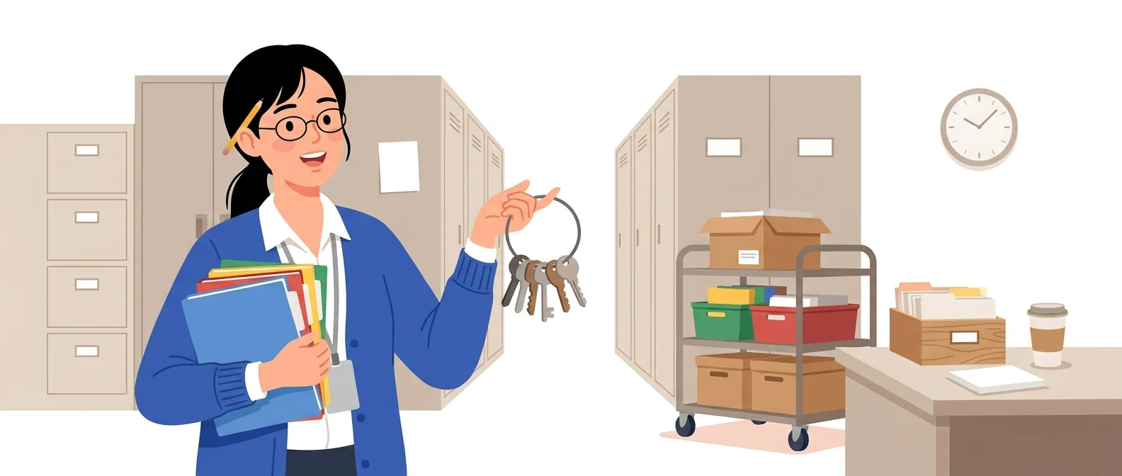 폴더를 안고 서류함 열쇠 꾸러미를 든 20대 기록관리 신입사원 — 입사하자마자 모든 캐비닛을 여는 사람