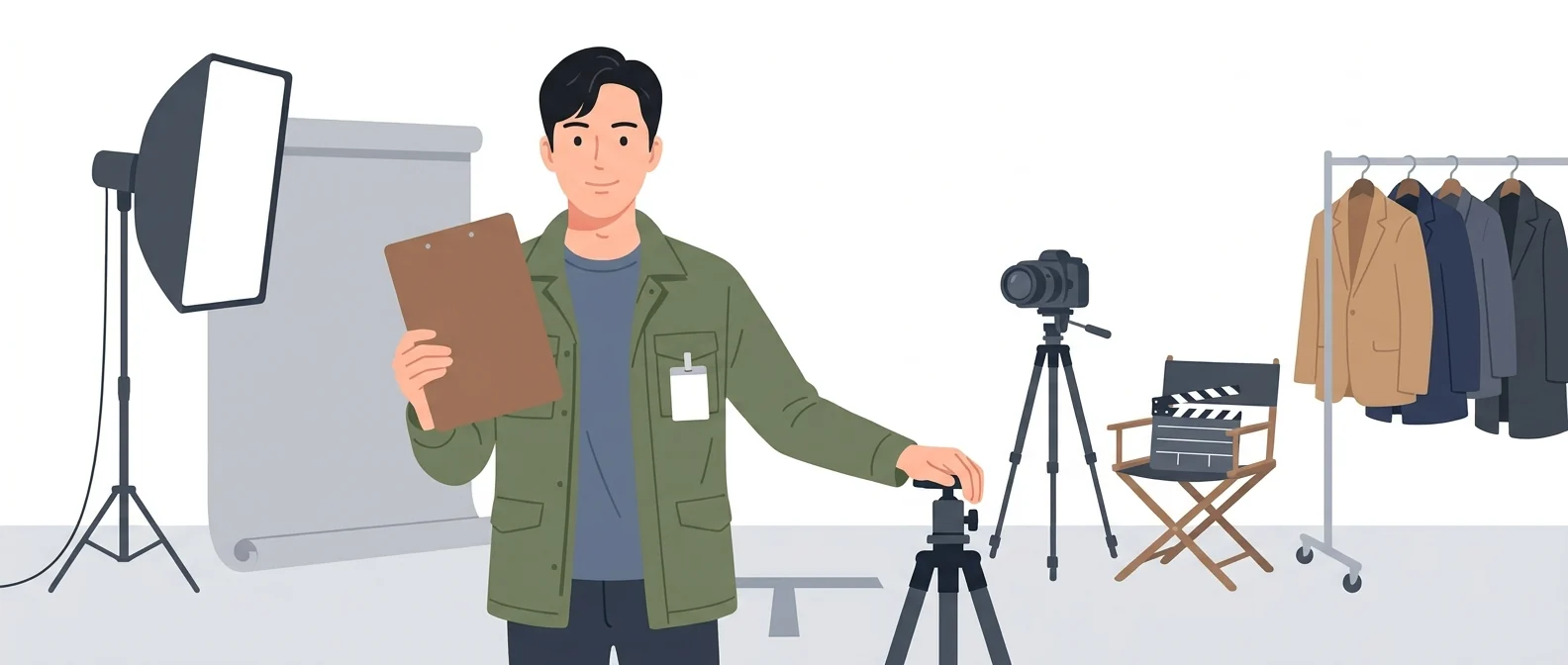 초상 사용 동의서를 들고 촬영 표식 위에 선, 남의 얼굴을 대신 연기하는 30대 대역 배우