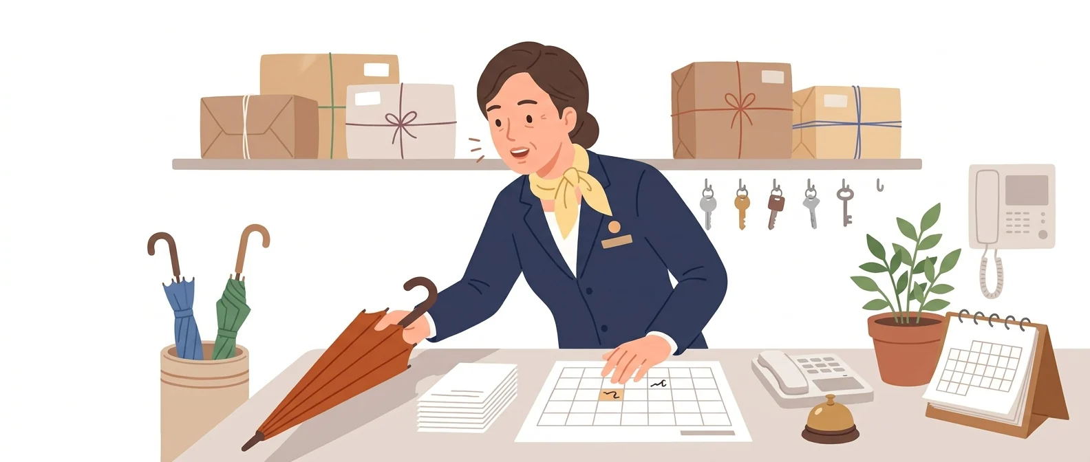 안내 데스크에서 나가는 사람에게 우산을 먼저 건네는 40대 중반 여성 컨시어지, 노란 스카프를 맸다