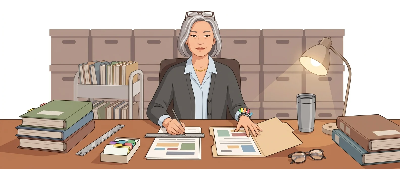 긴 테이블 위 서류 뭉치를 자로 짚어 가며 두 문서를 대조하는 50대 여성 법률 검토역 캐릭터