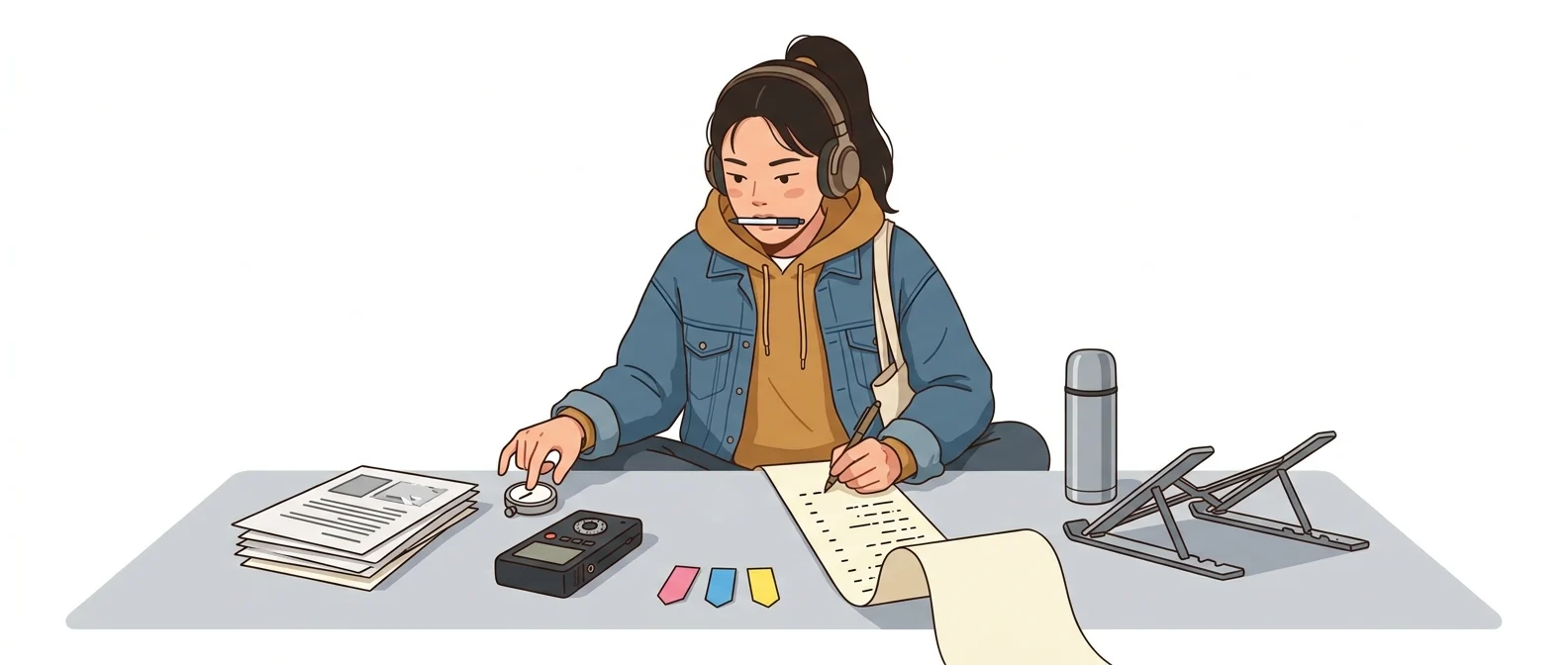 헤드폰을 쓰고 스톱워치를 누르며 긴 종이에 시간표시 요약을 받아 적는 20대 대학 조교의 모습
