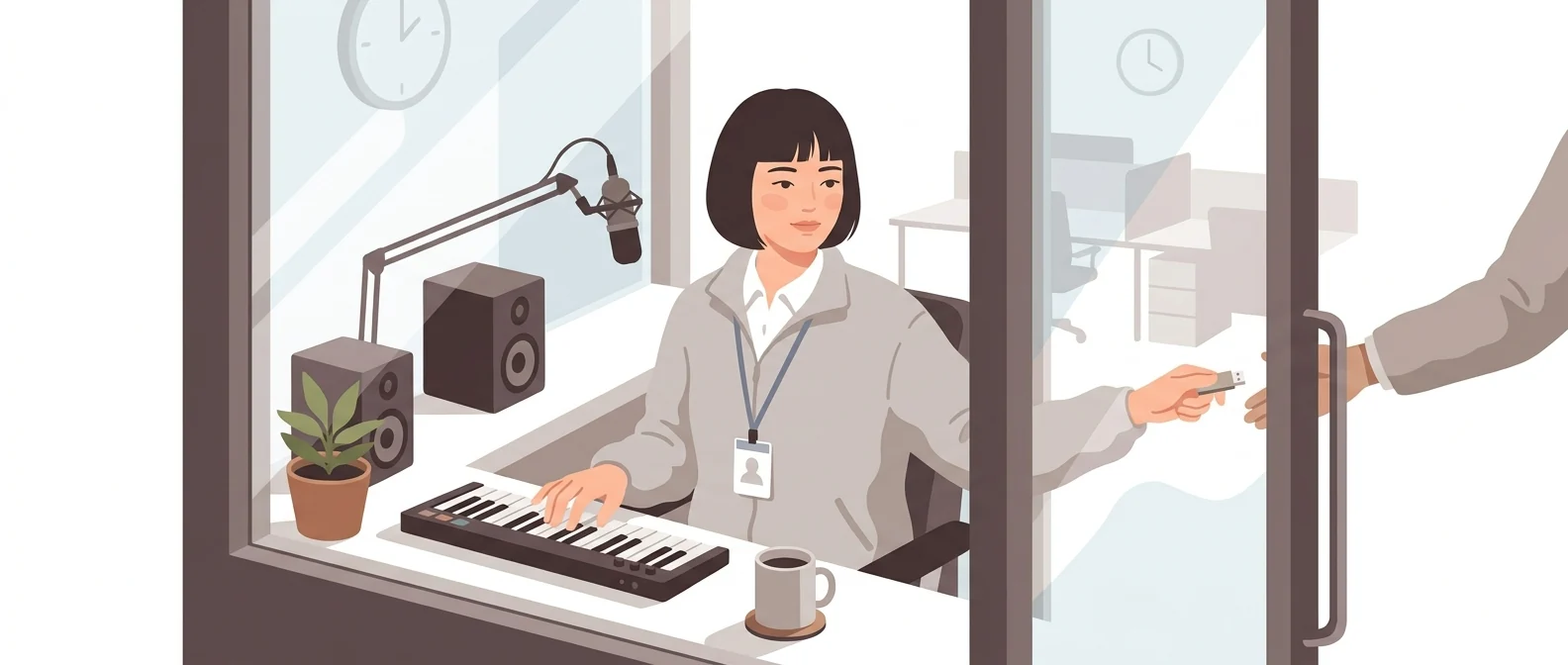 사내 유리 부스 안에서 건반을 치며 완성한 곡을 밖의 동료에게 건네는 20대 여성 전속 작곡가.