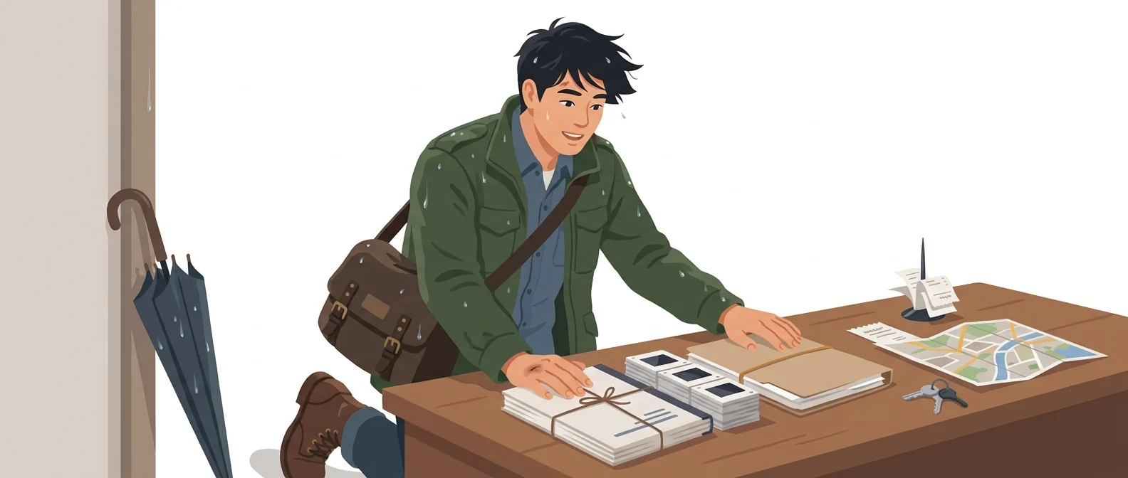 빗물 묻은 어깨로 돌아와 보고서와 인쇄물 묶음을 책상에 내려놓는 20대 심부름 대행 기사