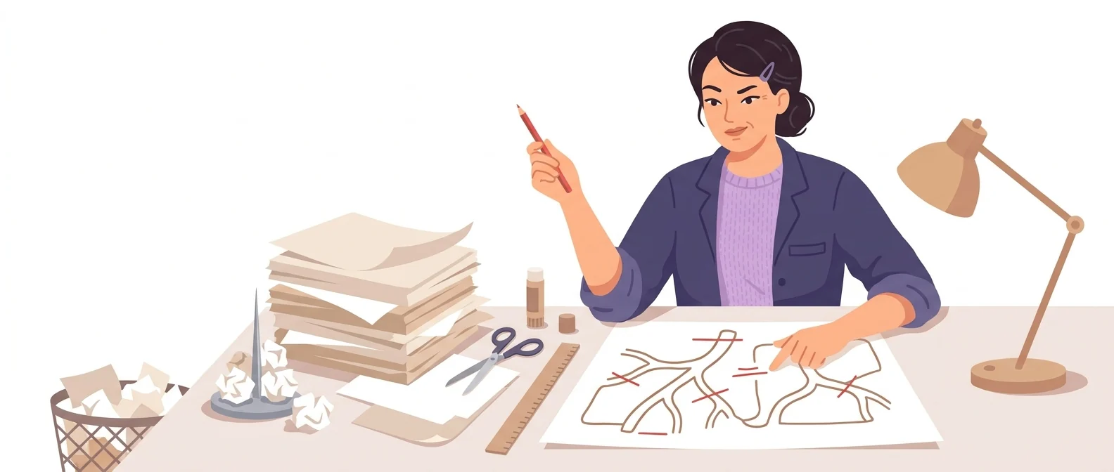 두꺼운 원고 더미를 한 장의 가지 뻗은 요약도로 추려 놓은 40대 신문 편집 기자의 모습