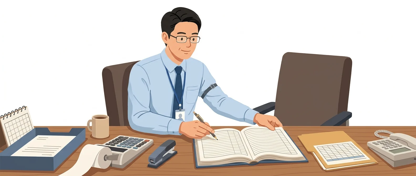 옆자리 빈 의자 쪽으로 몸을 붙이고 장부의 한 줄을 짚어 주는 30대 회계 사무원 — 문서와 메일 옆에 앉은 동료