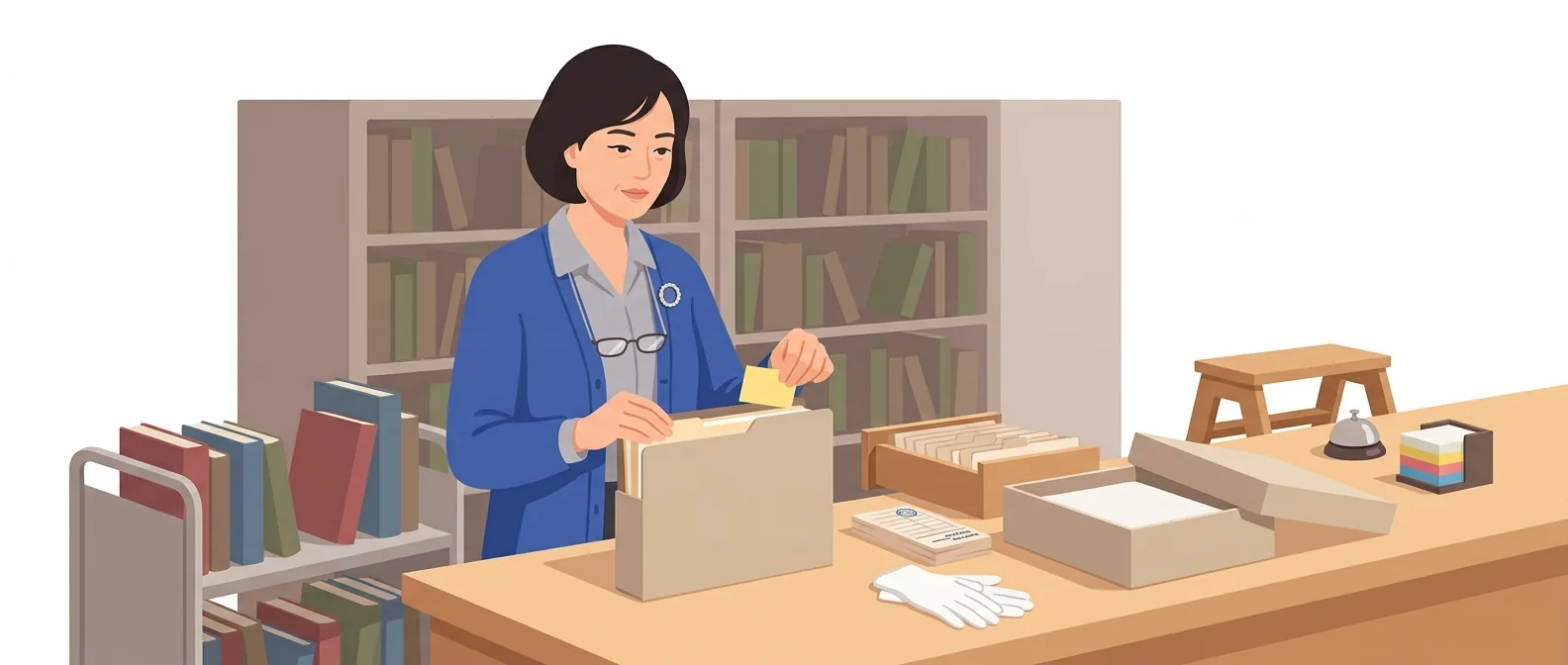 열람대에 놓인 제출 상자 하나에서만 자료를 꺼내 쪽지를 끼우는 40대 아카이브 사서, 뒤 서가는 보지 않는다
