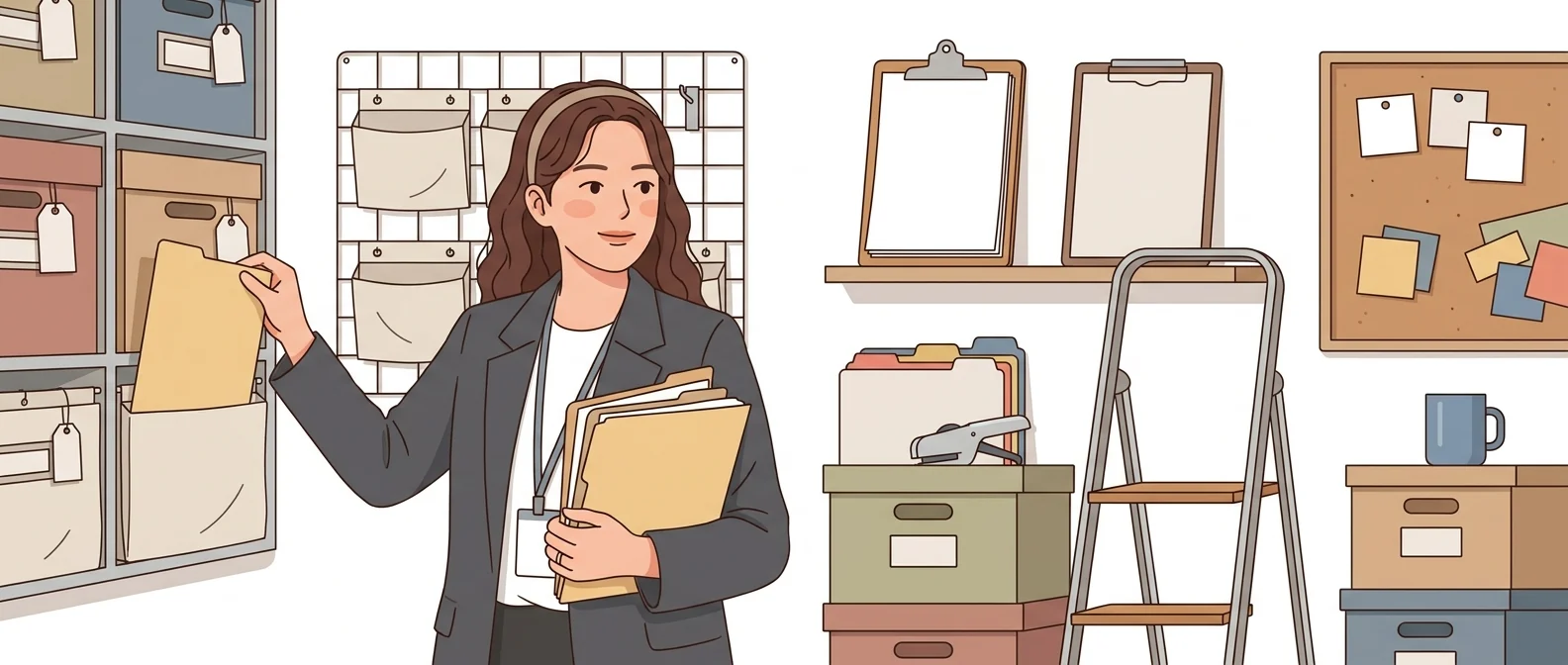사내 자료 벽 앞에서 폴더를 뽑아 들고 기억이 아니라 기록으로 동료 질문에 답하는 30대 운영 코디네이터