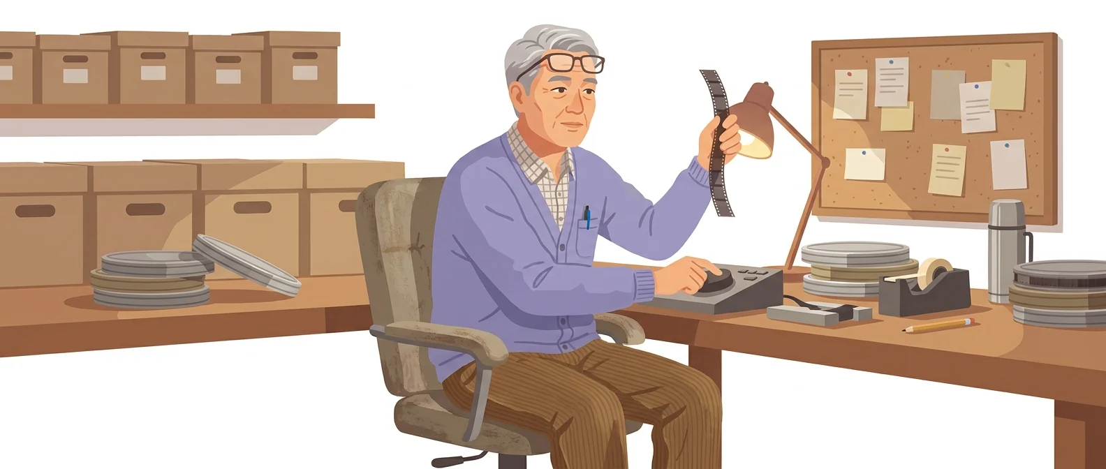 수십 년 지킨 편집실에서 조그휠을 돌리며 필름 한 컷을 불빛에 비춰 보는 50대 남성 고참 편집기사.