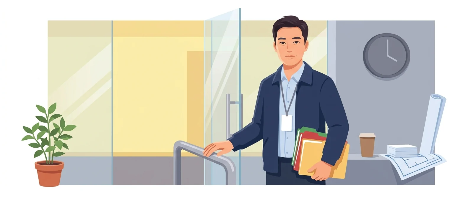유리문 안쪽에서 색깔별 서류철을 안고 서 있는, 회사 안에서만 일하는 40대 남성 담당자
