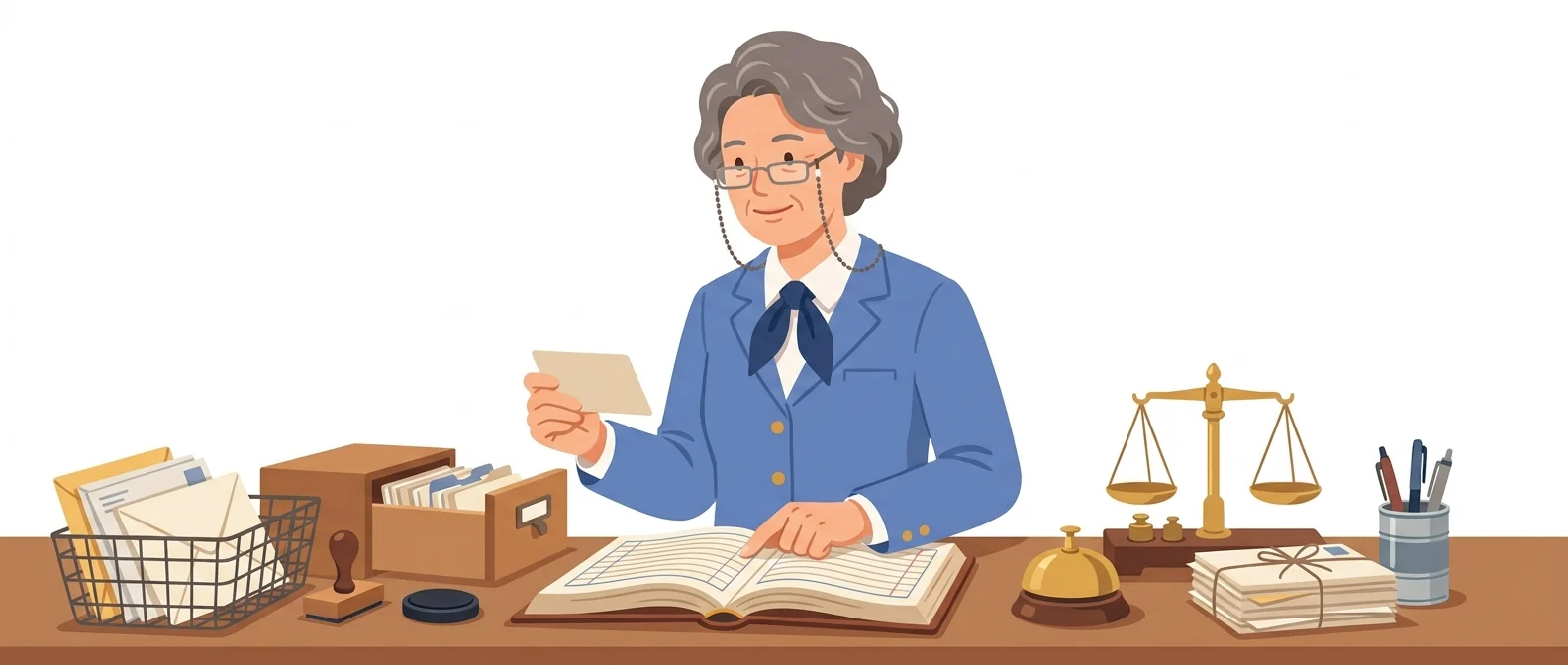 우체국 창구에서 구독자 명부를 손가락으로 짚어 한 줄씩 확인하는 50대 우체국장