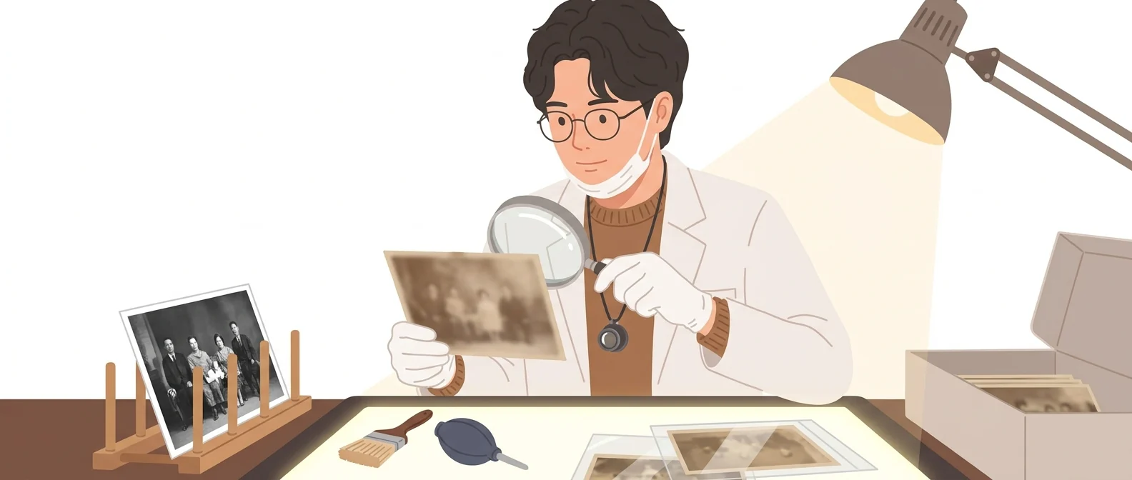 확대경으로 빛바랜 옛 인화지를 살피며 선명한 재인화와 맞대 보는 30대 사진 복원가