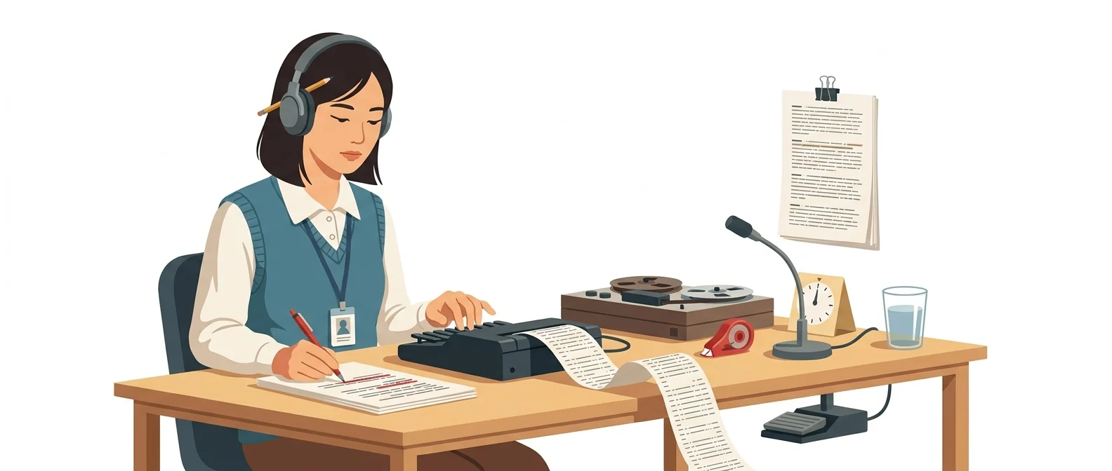 헤드셋을 쓰고 속기 기계로 말을 글줄로 받아 적은 뒤 빨간 펜으로 한 줄을 지우는 20대 여성 속기사.