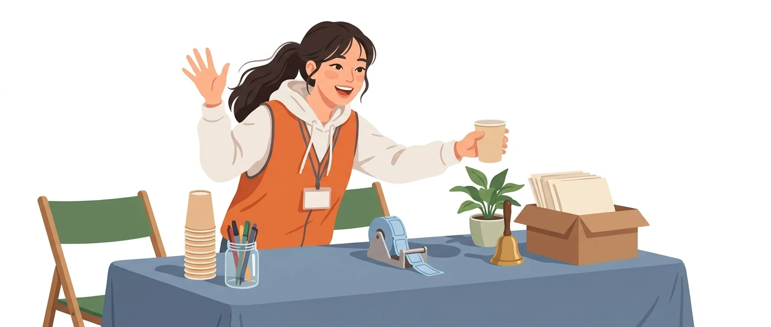 무료 상담 창구 탁자 앞에서 지나가는 사람을 손짓으로 부르는 20대 초반 여성 자원봉사자